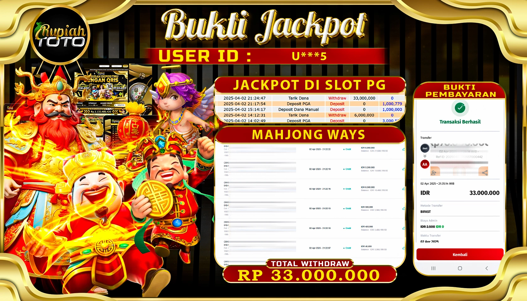 RUPIAHTOTO JACKPOT DI SLOT PG SOFT GAMES MAHJONG WAYS  RP 33.000.000 JUTA RUPIAH LUNAS