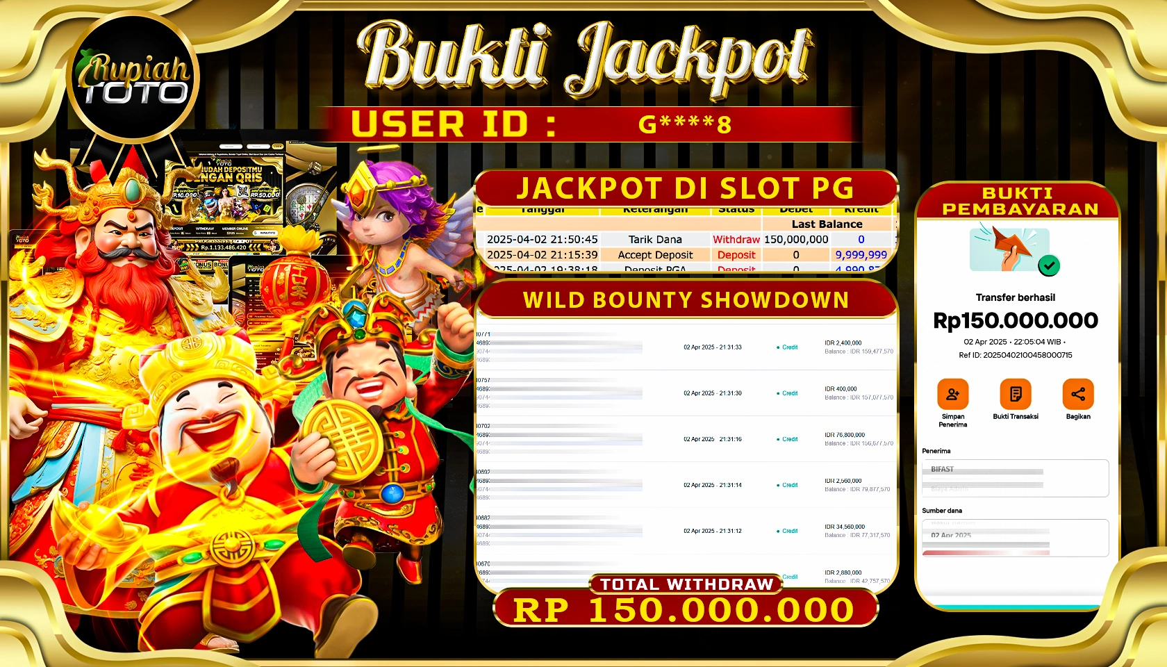 RUPIAHTOTO JACKPOT DI SLOT PG SOFT GAMES WILD BOUNTY SHOWDOWN RP 150.000.000 JUTA RUPIAH LUNAS