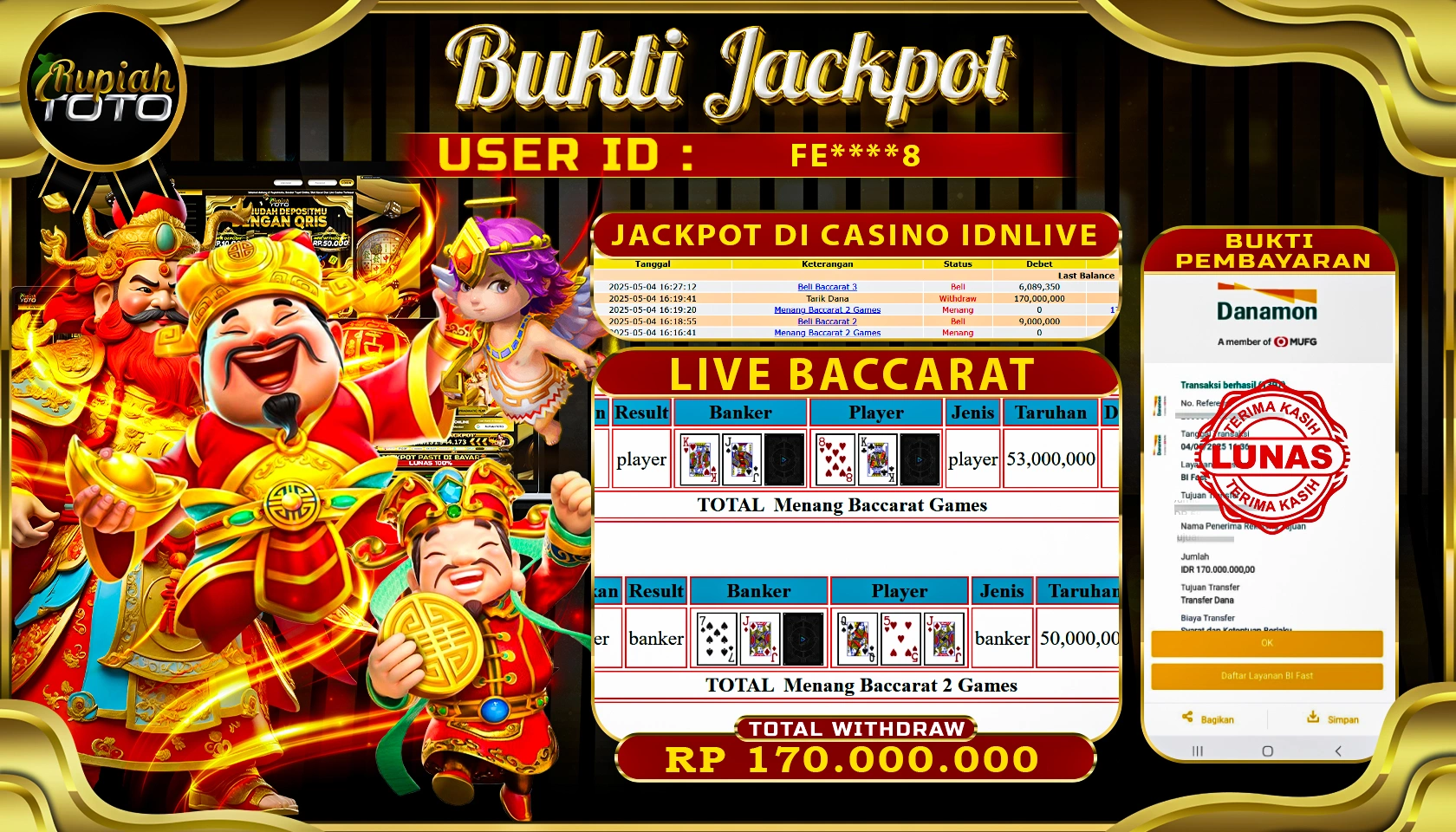 RUPIAHTOTO JACKPOT DI CASINO GAME LIVE BACCARAT RP 170.000.000 JUTA RUPIAH LUNAS