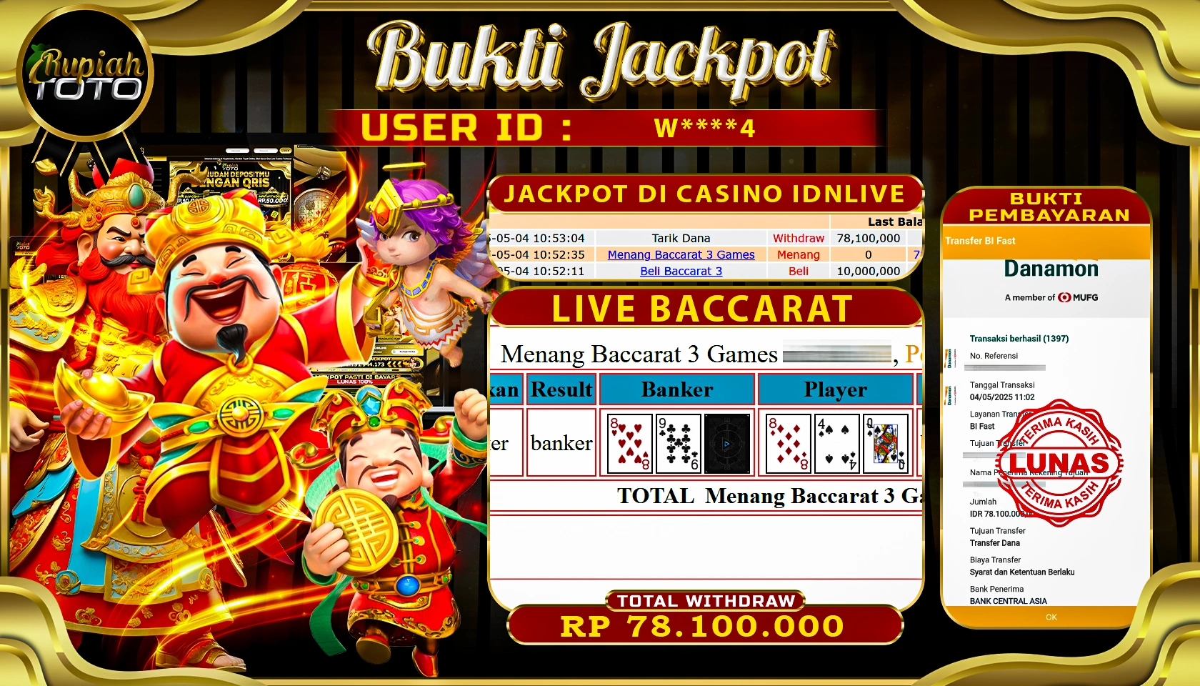 RUPIAHTOTO JACKPOT DI CASINO IDNLIVE GAME LIVE BACCARAT RP 78.100.000 JUTA RUPIAH LUNAS