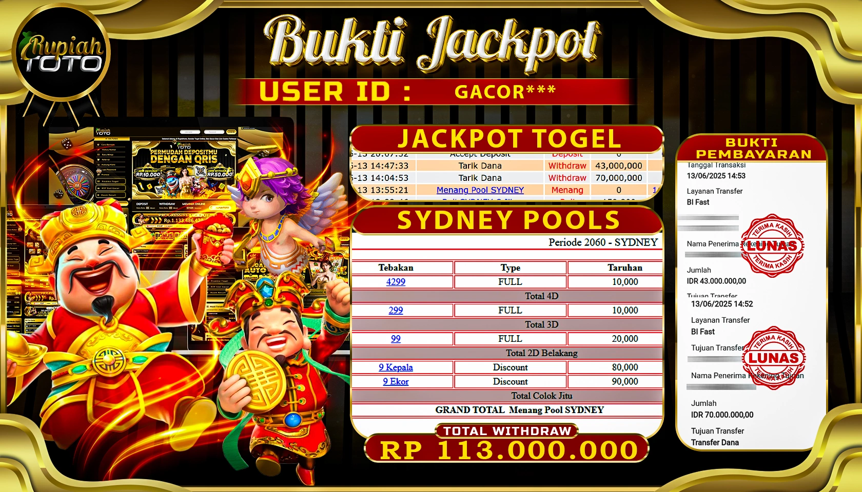 RUPIAHTOTO JACKPOT DI TOGEL PASARAN SYDNEY POOLS RP 113.000.000 JUTA RUPIAH LUNAS