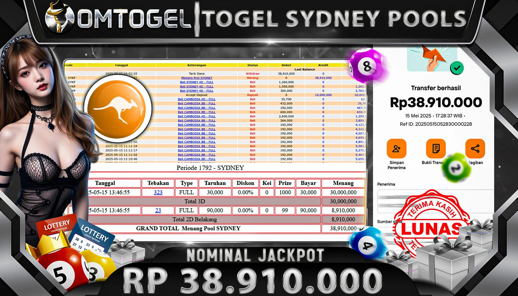 OMTOGEL JACKPOT TOTO SYDNEY LOTTO Rp 38.910.000,- LUNAS