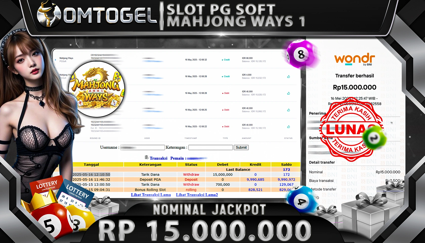 OMTOGEL JACKPOT PG SOFT Rp 15.000.000,- LUNAS