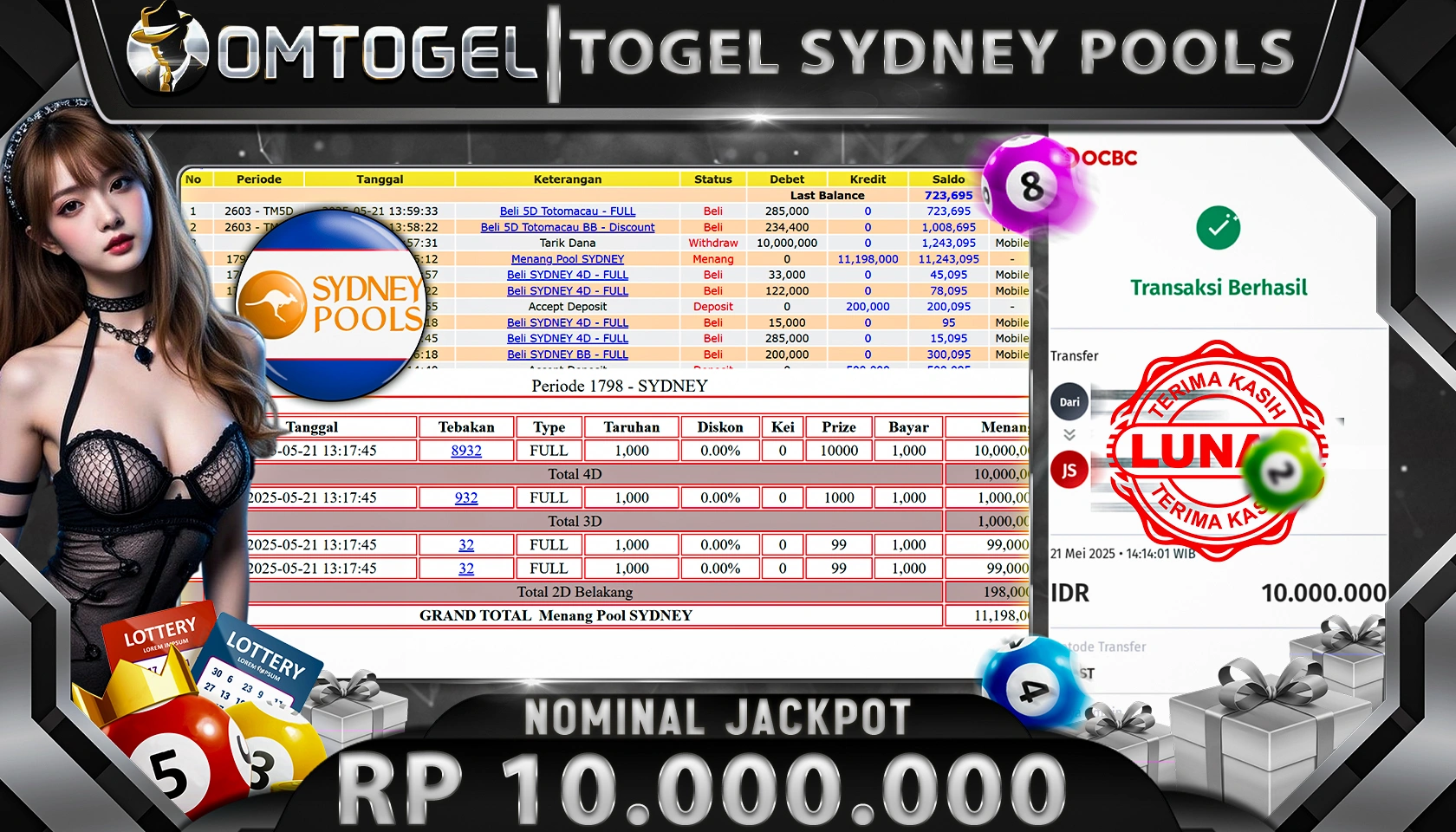 OMTOGEL JACKPOT TOTO SYDNEY LOTTO Rp 10.000.000,- LUNAS