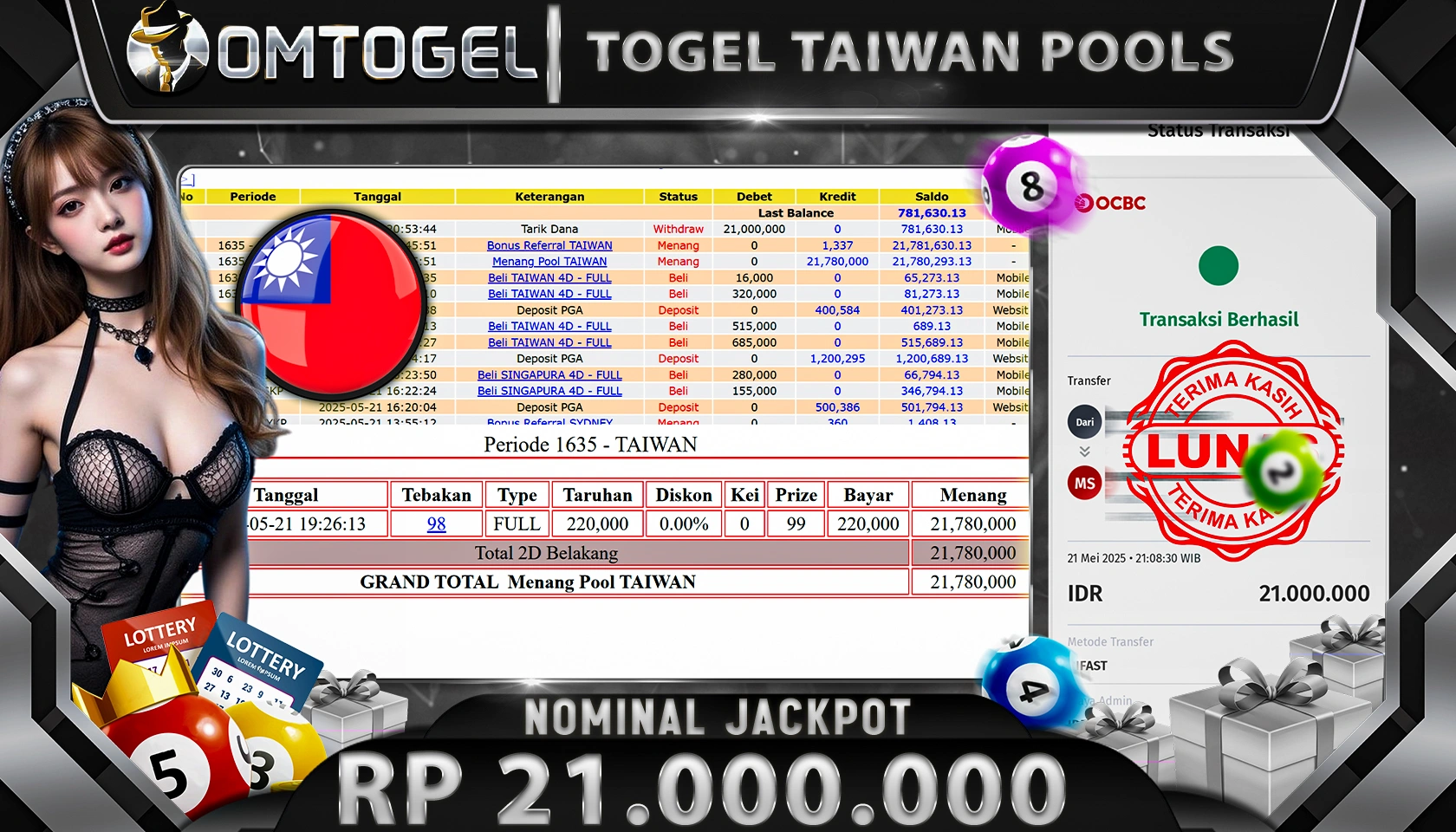 OMTOGEL JACKPOT TOTO TAIWAN POOLS Rp 21.000.000,- LUNAS