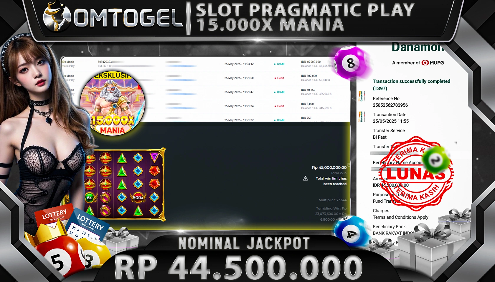 OMTOGEL JACKPOT PRAGMATIC PLAY RP 44.500.000,- LUNAS