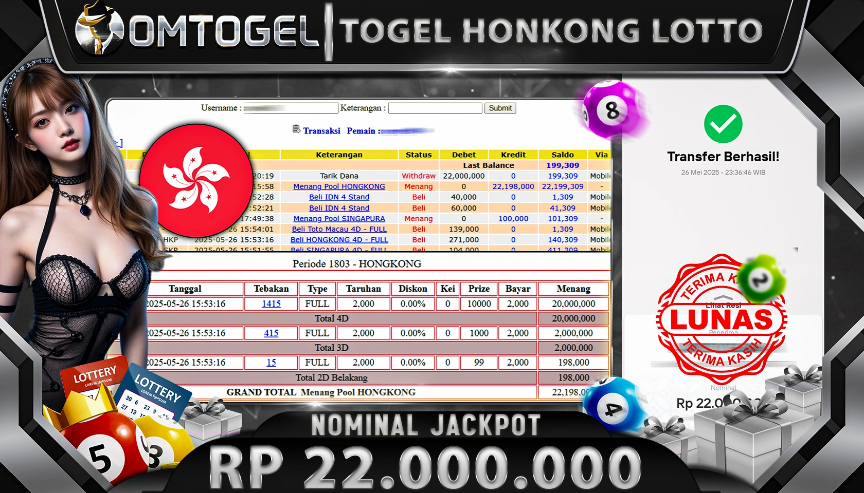 OMTOGEL JACKPOT TOTO HONGKONG LOTTO RP 22.000.000,- LUNAS