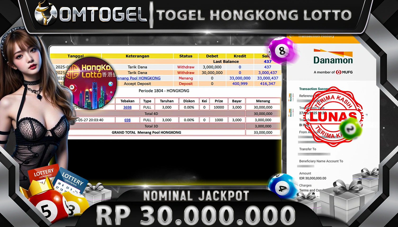 OMTOGEL JACKPOT TOTO HONGKONG LOTTO RP 30.000.000,- LUNAS