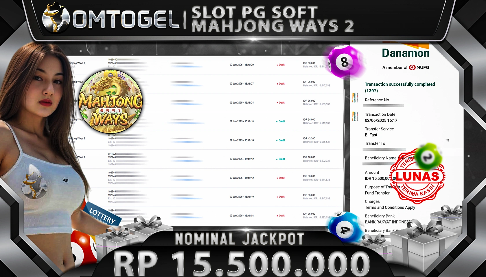 OMTOGEL JACKPOT PG SOFT Rp 15.500.000, - LUNAS