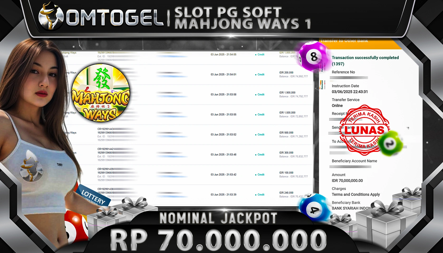 OMTOGEL JACKPOT PG SOFT Rp 70.000.000, - LUNAS