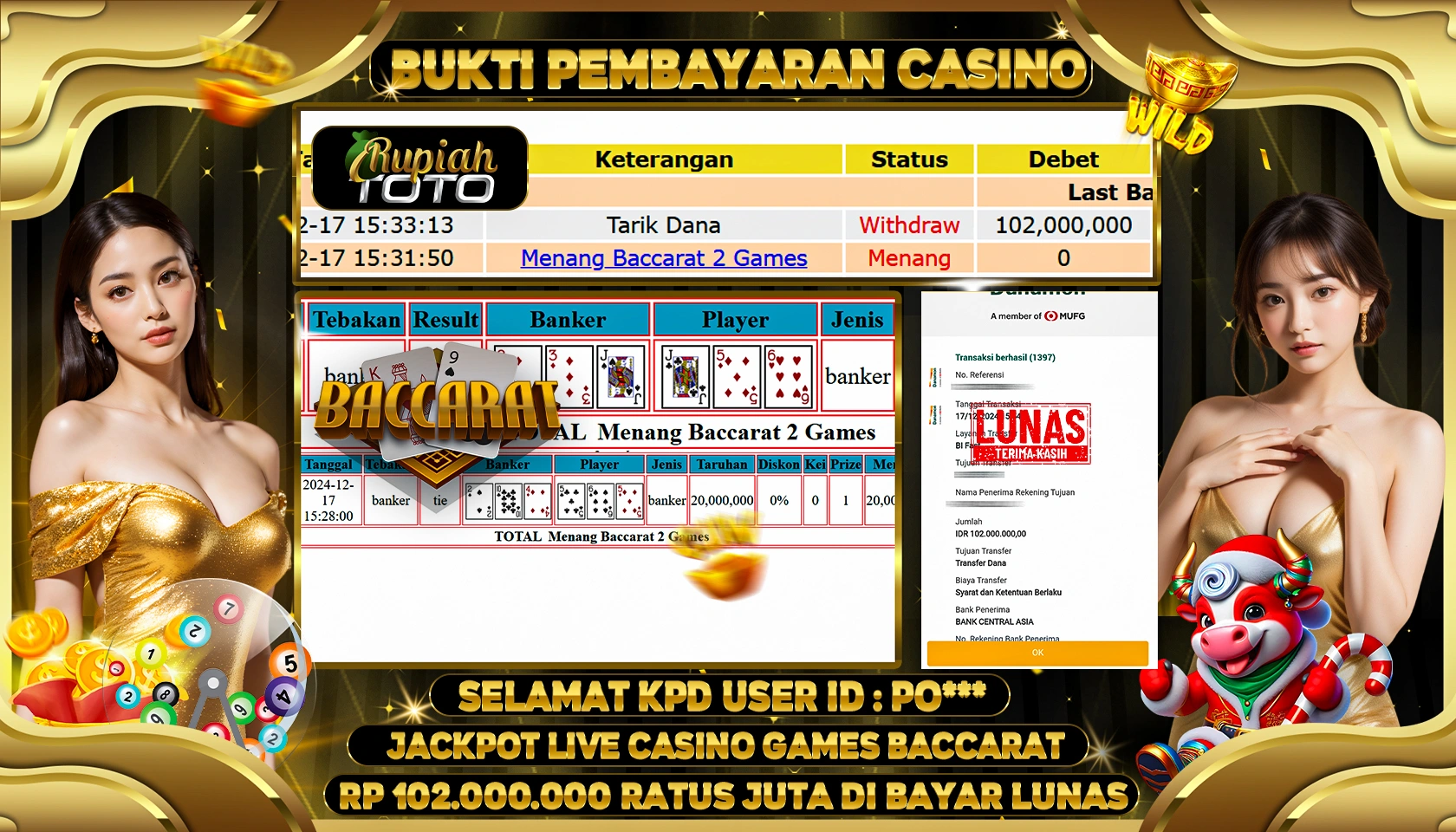 RUPIAHTOTO JACKPOT CASINO GAMES BACCARAT RP.102.000.000 RATUS JUTA LUNAS