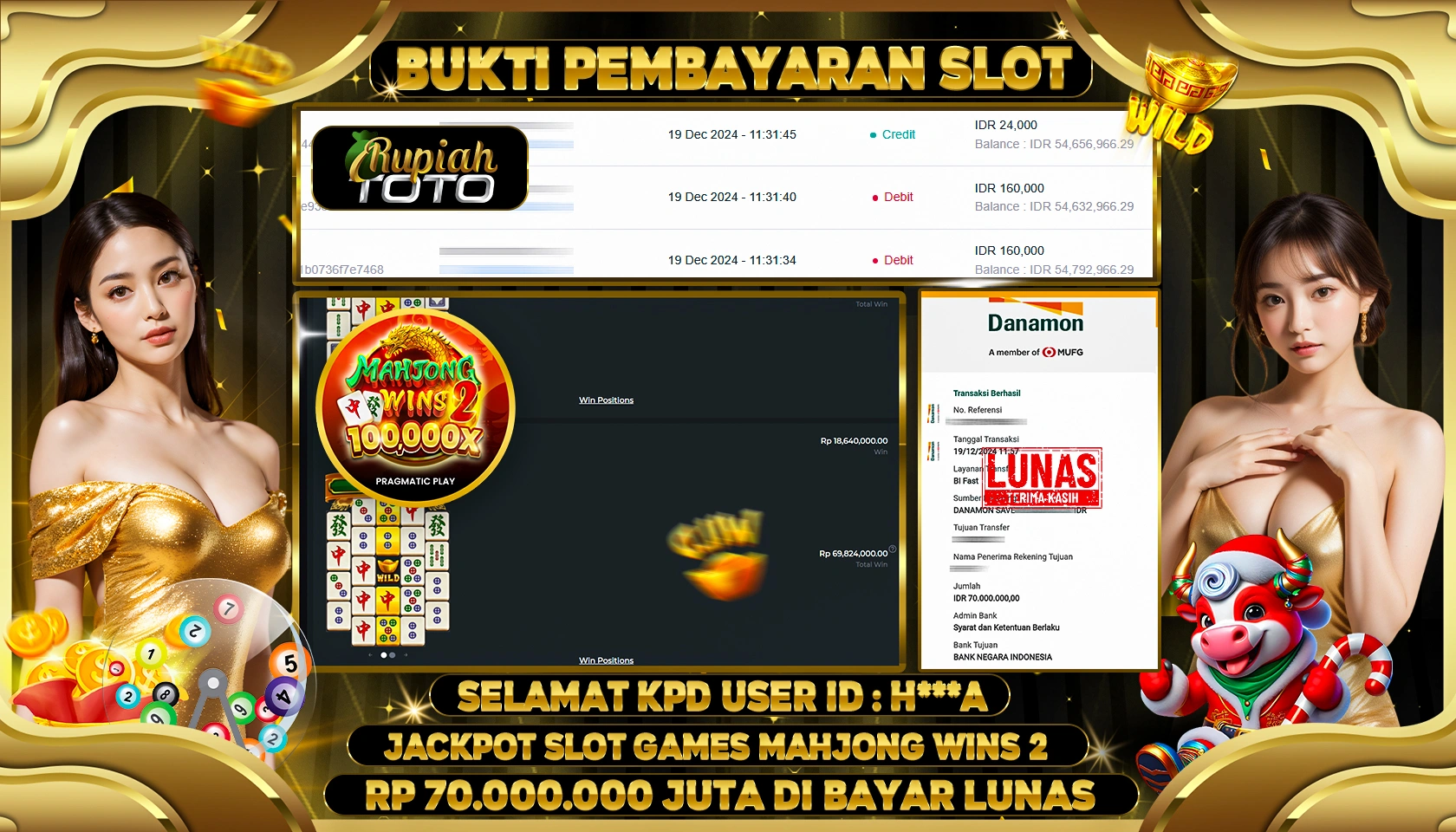 RUPIAHTOTO JACKPOT SLOT GAMES MAHJONG WINS 2 RP.70.000.000 JUTA LUNAS
