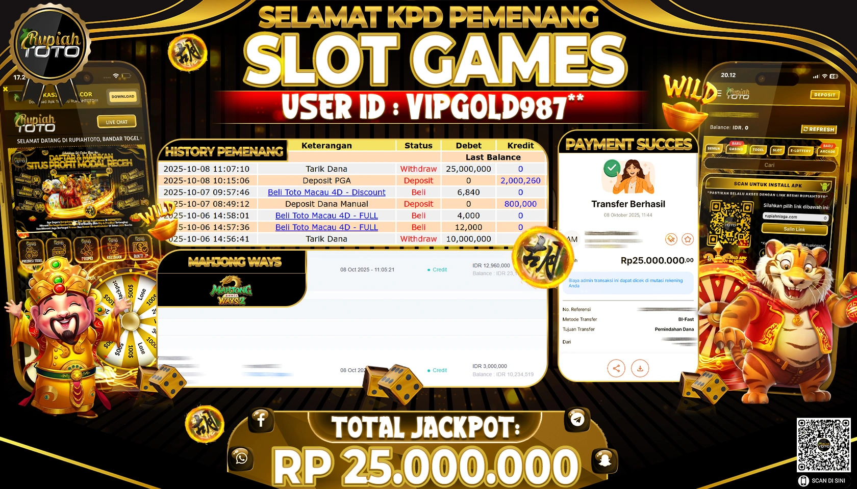 RUPIAHTOTO JACKPOT SLOT PG SOFT MAHJONG WAYS  RP 25.000.000 JUTA RUPIAH LUNAS