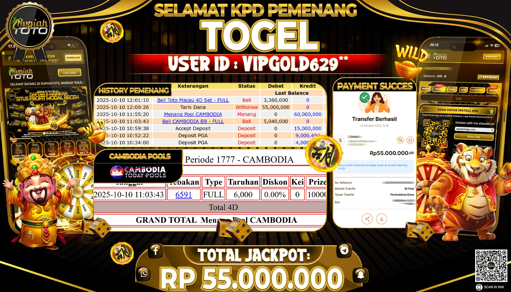 RUPIAHTOTO JACKPOT TOGEL CAMBODIA 4D Rp. 55,000,000 JUTA RUPIAH LUNAS