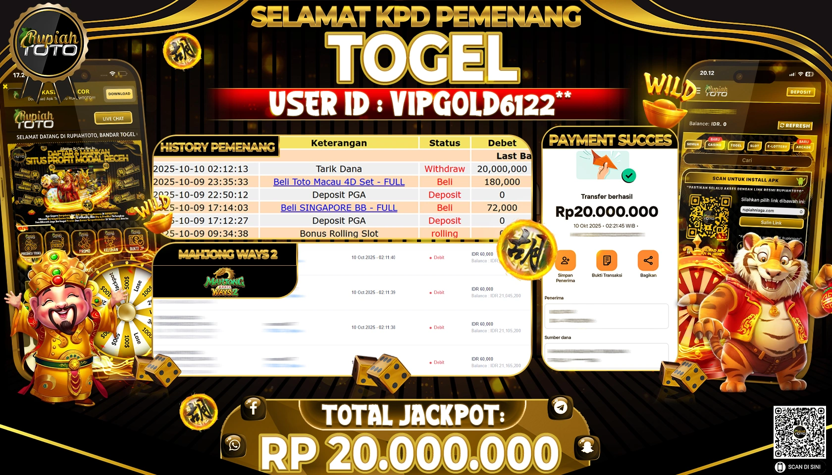 RUPIAHTOTO JACKPOT SLOT PG SOFT MAHJONG WAYS 2 RP. 20,000,000 JUTA RUPIAH LUNAS