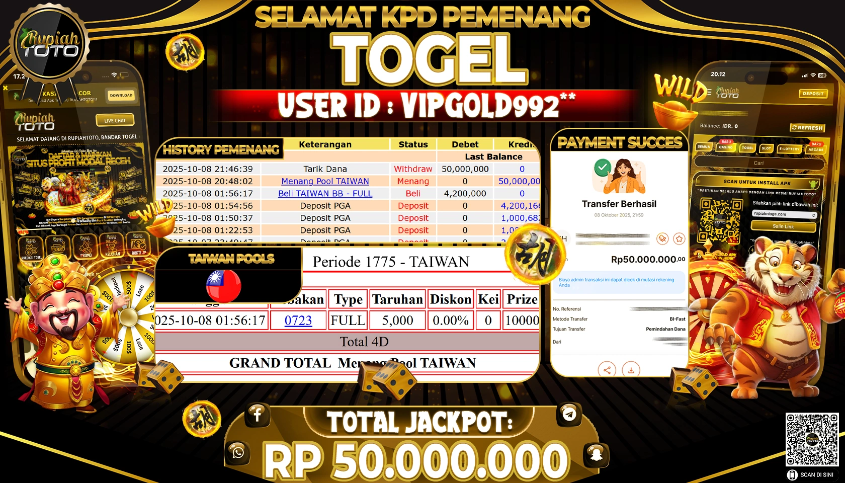 RUPIAHTOTO JACKPOT TOGEL TAIWAN POOLS Rp. 50.000.000 RUPIAH LUNAS