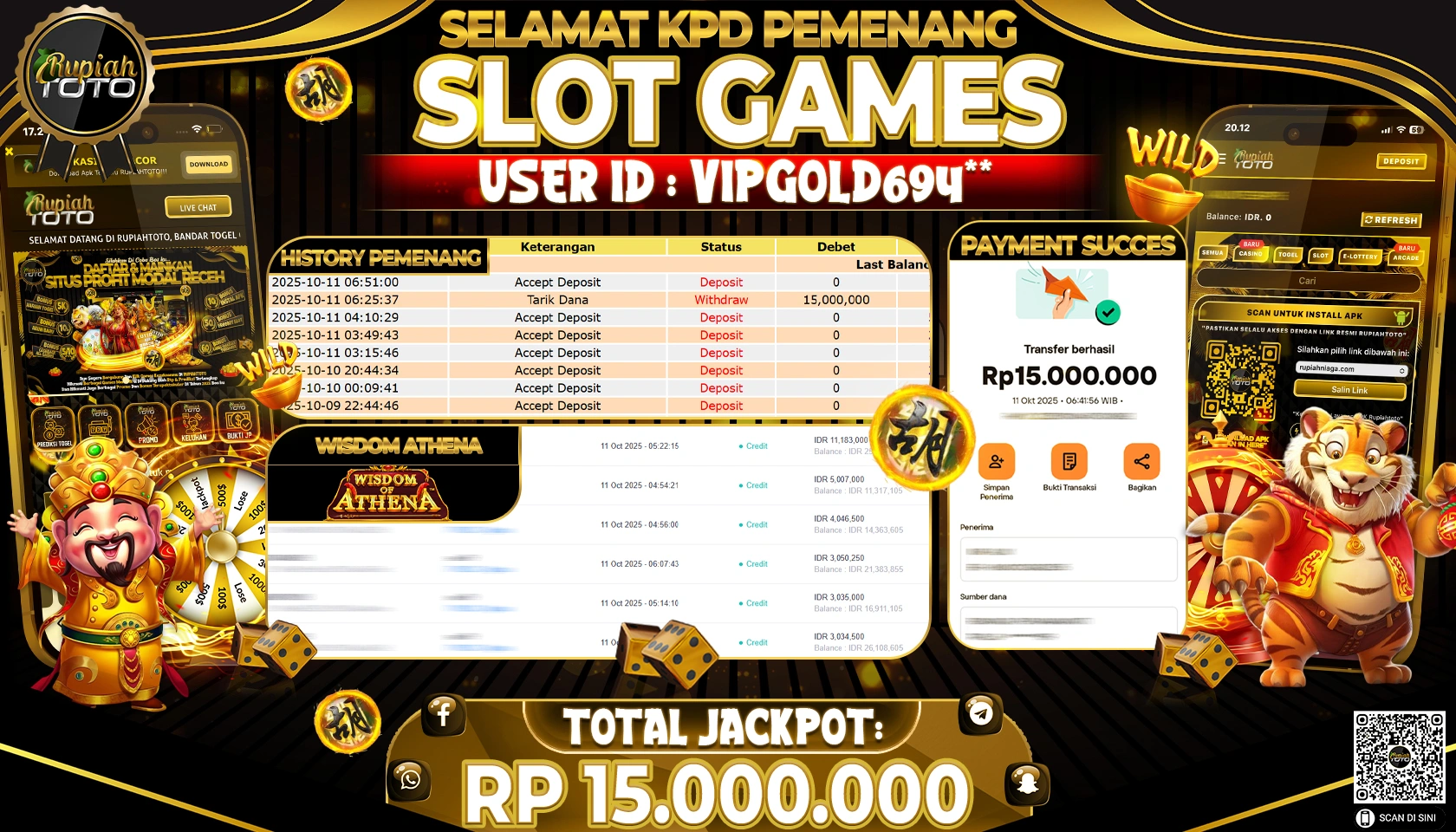 RUPIAHTOTO JACKPOT SLOT WISDOM OF ATHENA RP.15,000,000 JUTA RUPIAH LUNAS