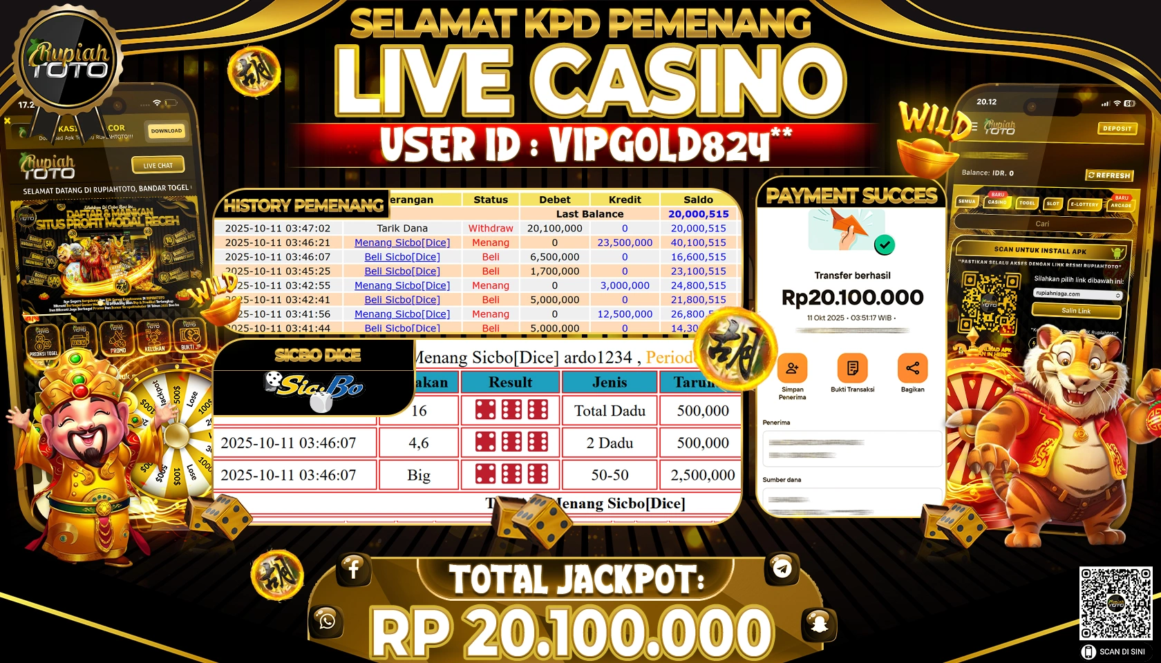 RUPIAHTOTO JACKPOT LIVE GAMES SICBO DICE Rp. 20.100.000 RUPIAH LUNAS