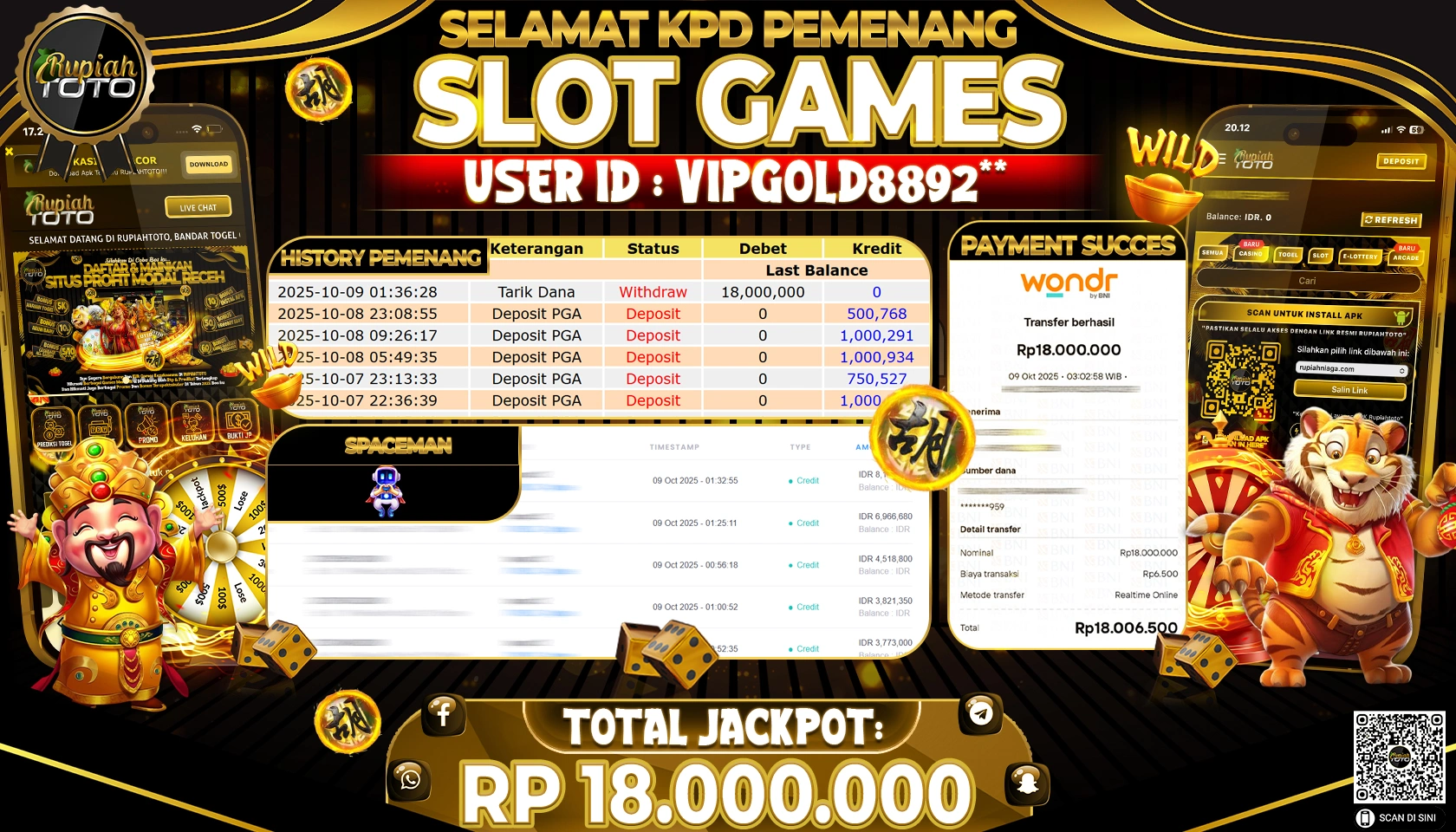 RUPIAHTOTO JACKPOT SLOT SPACEMAN Rp. 18.000.000 RUPIAH LUNAS