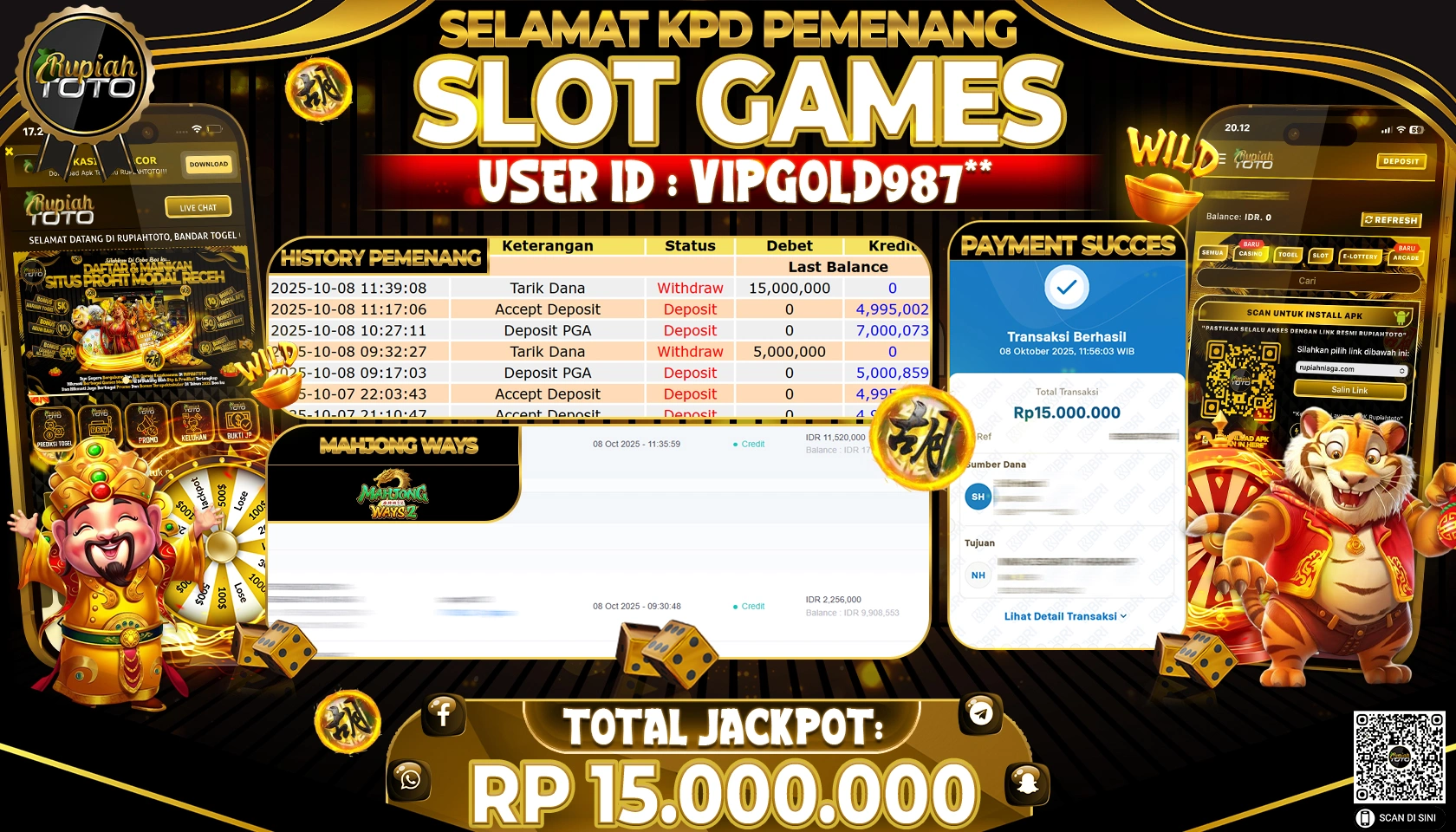 RUPIAHTOTO JACKPOT SLOT MAHJONG WAYS 2 Rp. 15.000.000 RUPIAH LUNAS