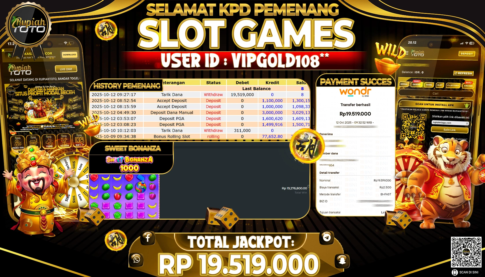 RUPIAHTOTO JACKPOT SLOT SWEET BONANZA Rp. 19,519,000 RUPIAH LUNAS