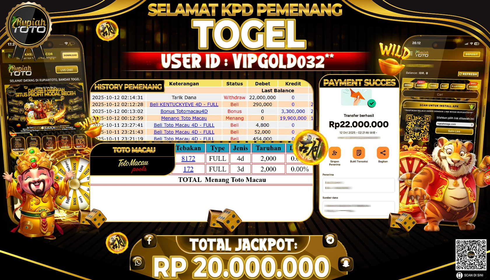 RUPIAHTOTO JACKPOT TOGEL TOTO MACAU POOLS 2 Rp. 20.000.000 RUPIAH LUNAS