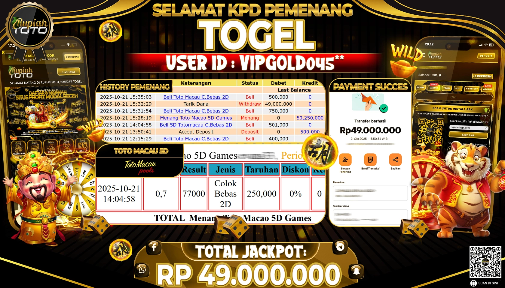 RUPIAHTOTO JACKPOT TOGEL TOTO MACAU 5D Rp . 49,000,000 JUTA RUPIAH LUNAS 