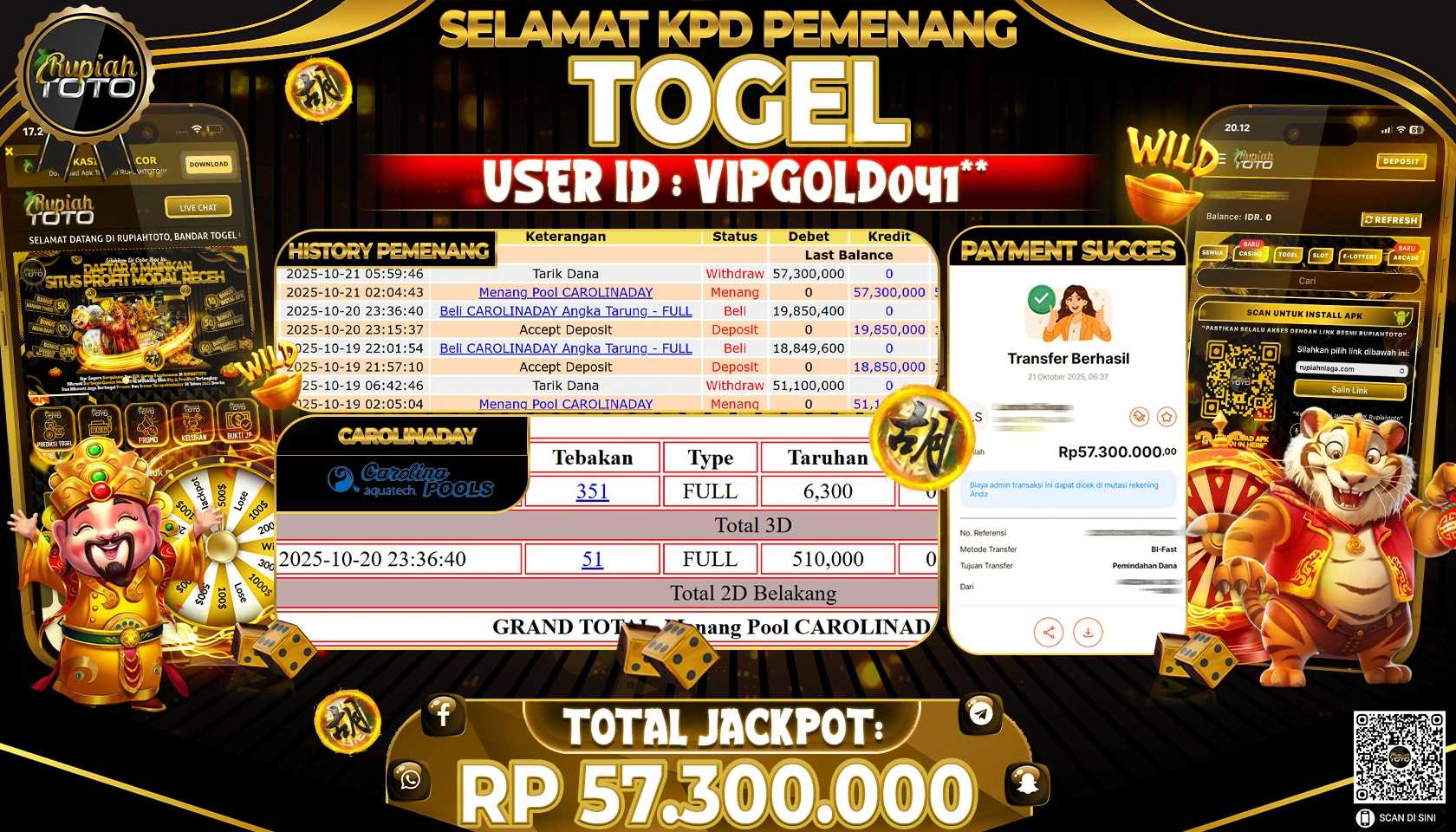 RUPIAHTOTO JACKPOT TOGEL CAROLINA DAY Rp .57,300,000 JUTA RUPIAH LUNAS 