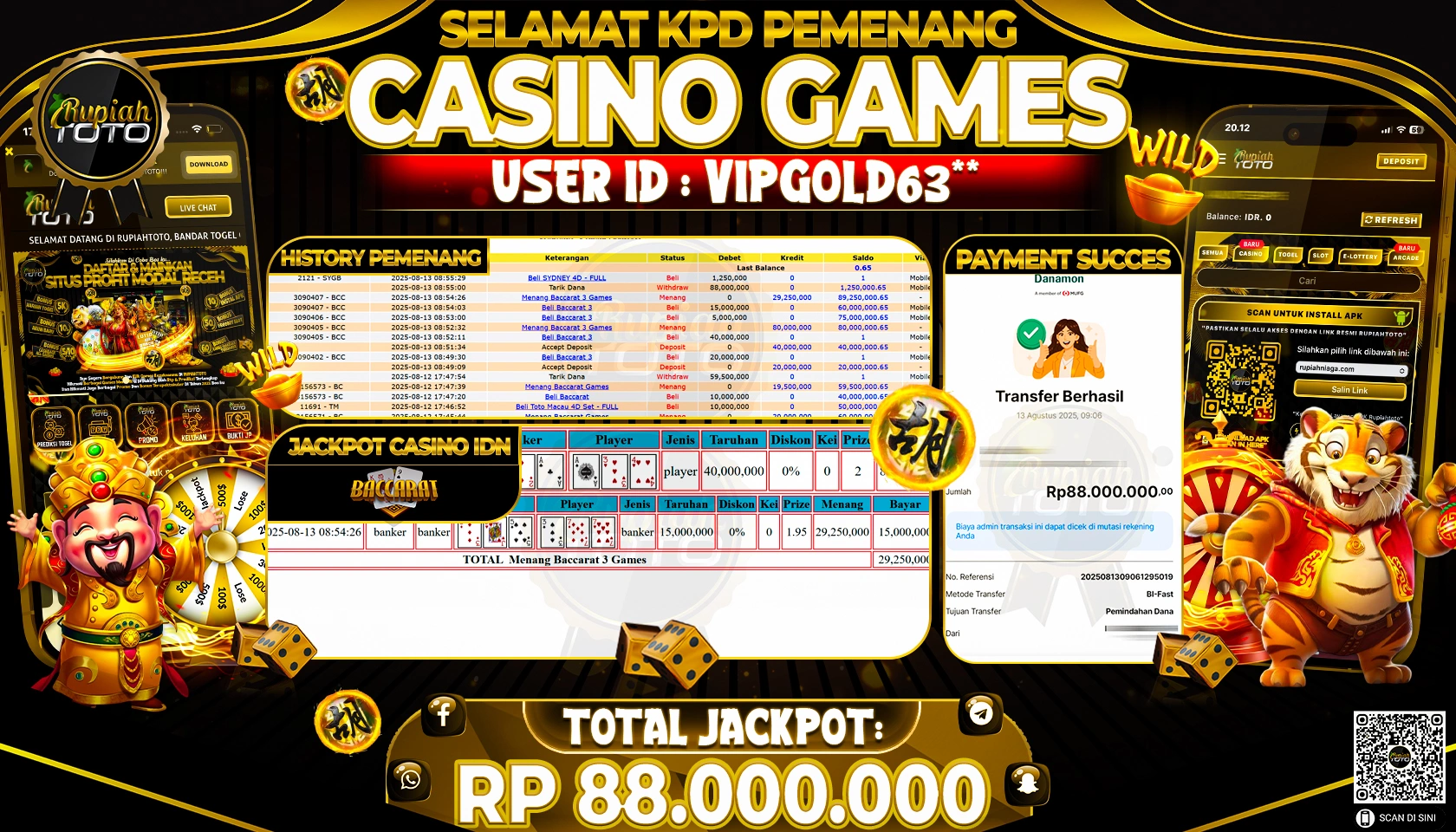 RUPIAHTOTO JACKPOT DI  CASINO IDN - BACCARAT RP 88.000.000 JUTA RUPIAH LUNAS