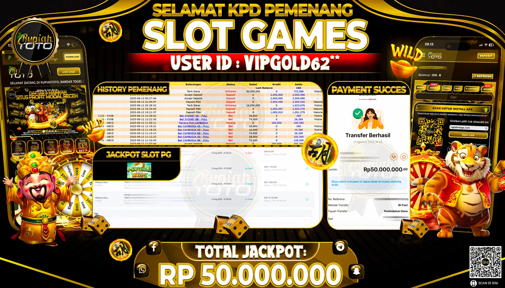 RUPIAHTOTO JACKPOT DI  SLOT PG - MAHJONG WAYS 2RP 50.000.000 JUTA RUPIAH LUNAS
