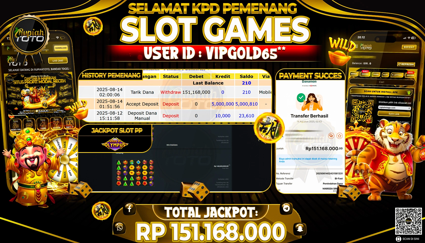 RUPIAHTOTO JACKPOT DI  SLOT PP - GATES OF OLYMPUS  RP 151.168.000 JUTA RUPIAH LUNAS