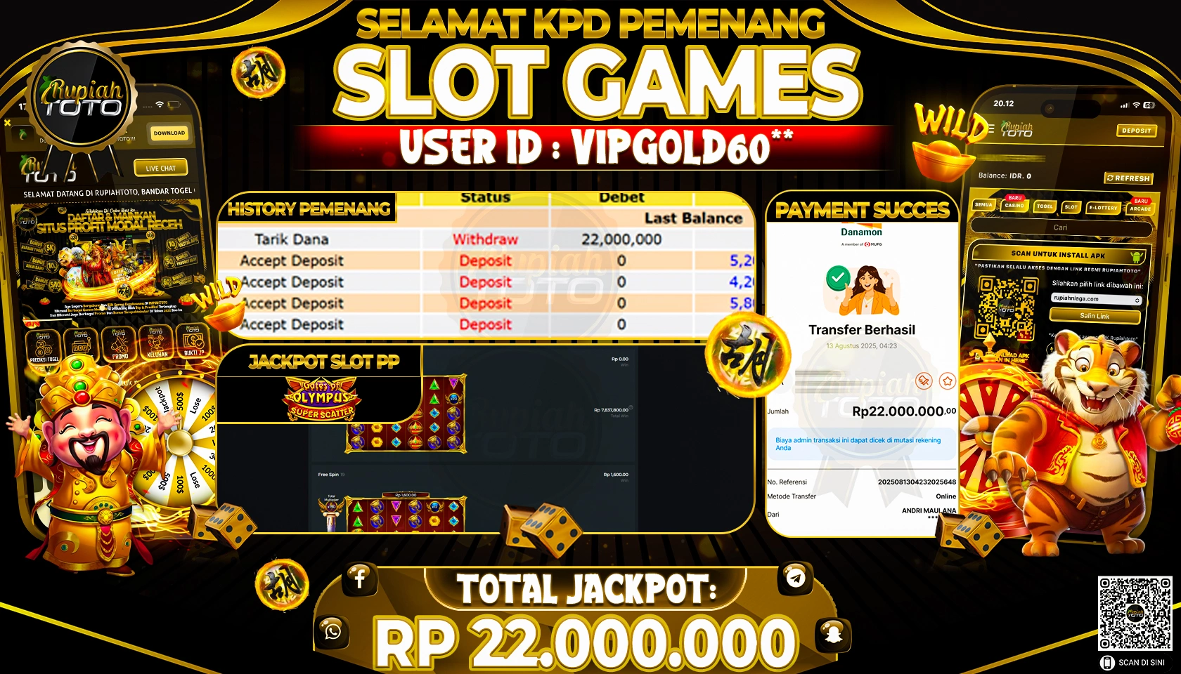 RUPIAHTOTO JACKPOT DI  SLOT PP - GATES OF OLYMPUS SUPER SCATTER  RP 22.000.000 JUTA RUPIAH LUNAS