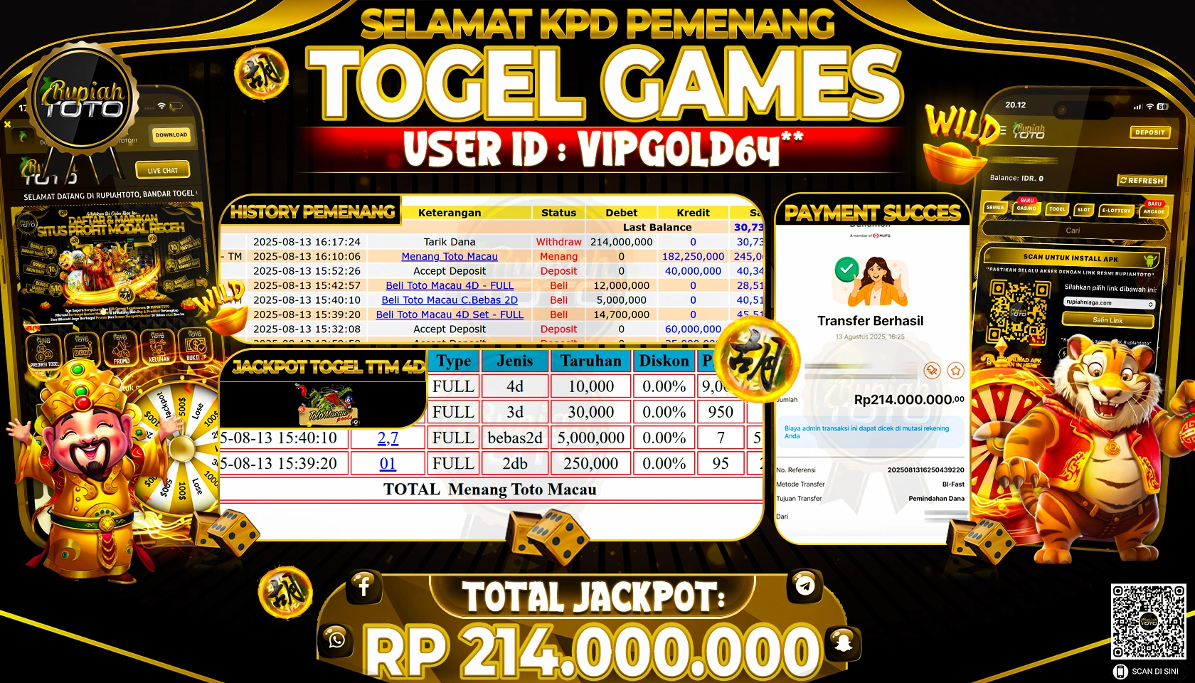 RUPIAHTOTO JACKPOT DI  TOGEL - TOTO MACAU  RP 214.000.000 JUTA RUPIAH LUNAS