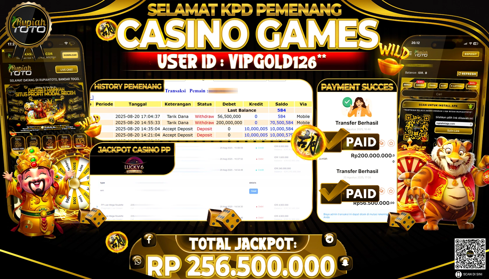 RUPIAHTOTO JACKPOT DI  CASINO PP - LUCKY 6  RP 256,500,000 JUTA RUPIAH LUNAS