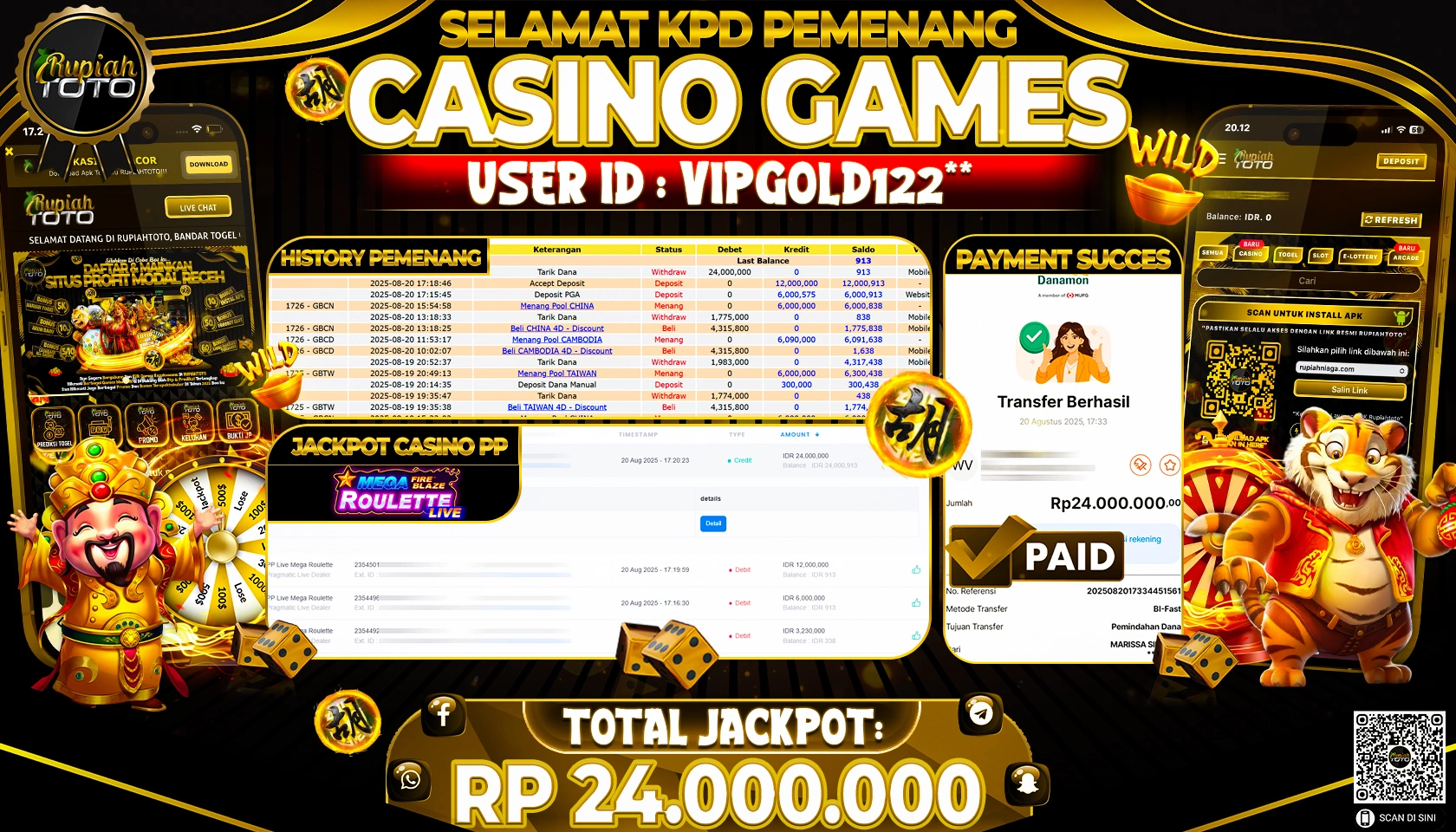RUPIAHTOTO JACKPOT DI  CASINO PP -  MEGA FIRE BLAZE ROULETTE RP 24,000,000 JUTA RUPIAH LUNAS