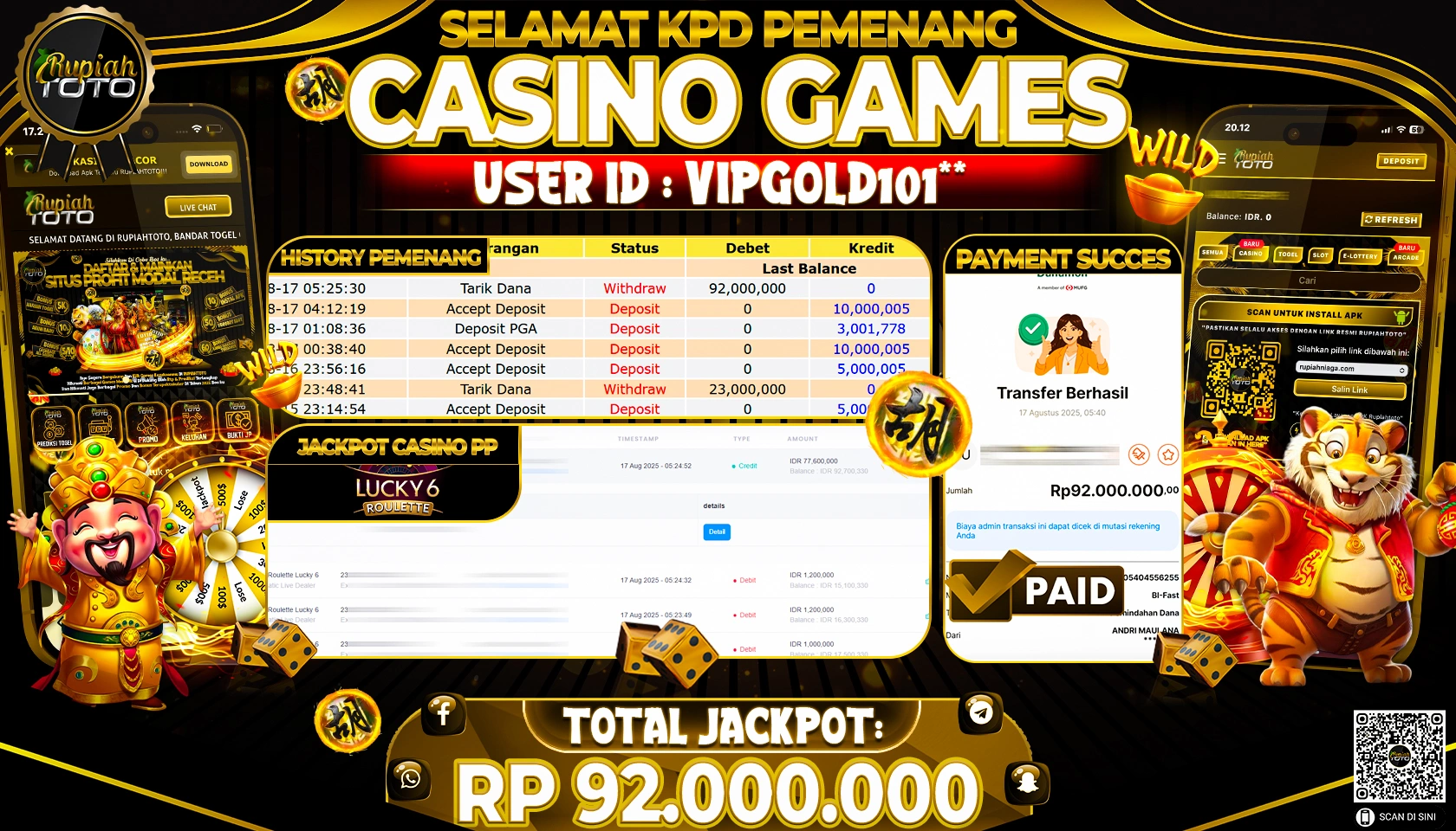RUPIAHTOTO JACKPOT DI  CASINO PP -  LUCKY 6  ROULETTE RP 92,000,000 JUTA RUPIAH LUNAS