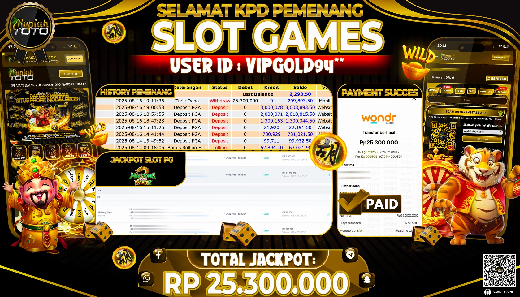 RUPIAHTOTO JACKPOT DI  SLOT PG -  MAHJONG WAYS 2  RP 25,300,000 JUTA RUPIAH LUNAS