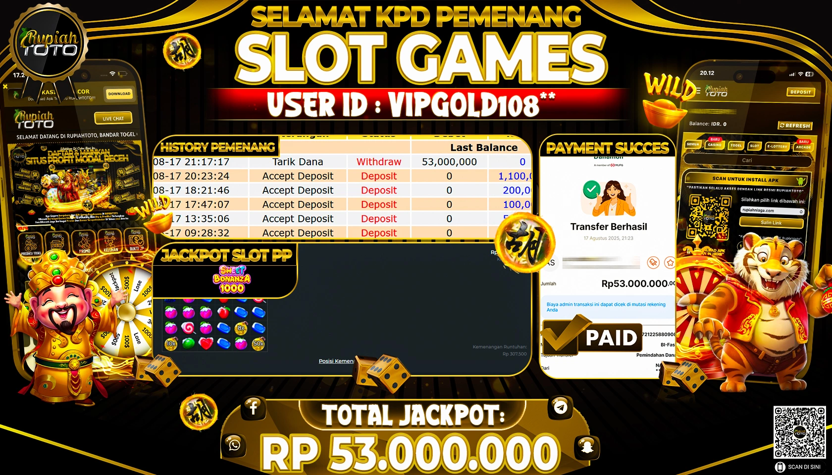 RUPIAHTOTO JACKPOT DI  SLOT PP -  SWEET BONANZA 1000 RP 53,.000,000 JUTA RUPIAH LUNAS