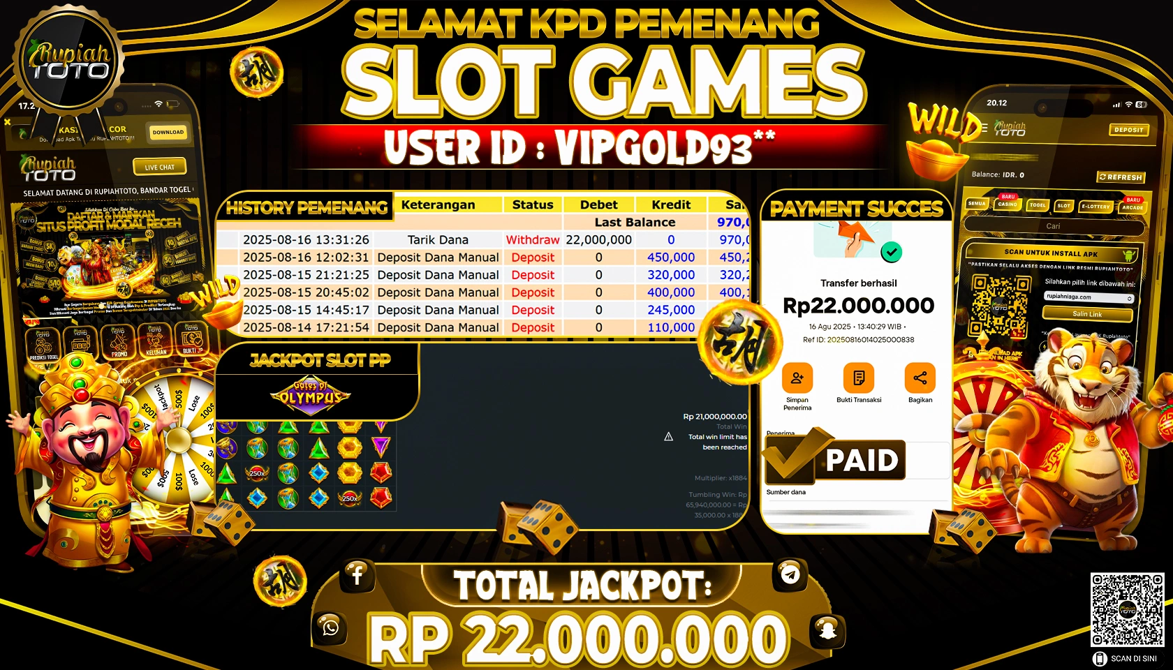 RUPIAHTOTO JACKPOT DI  SLOT PP -  GATES OF OLYMPUS RP 22,.000,000 JUTA RUPIAH LUNAS