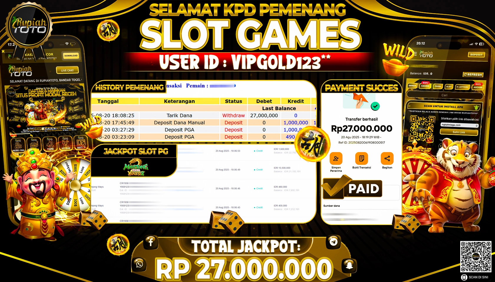 RUPIAHTOTO JACKPOT DI  SLOT PG -  MAHJONG WAYS 2 RP 27,.000,000 JUTA RUPIAH LUNAS