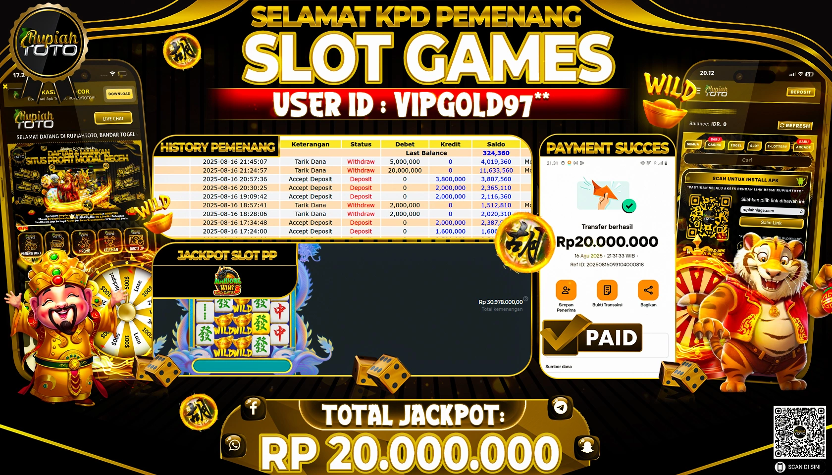 RUPIAHTOTO JACKPOT DI  SLOT PP -  MAHJONG WAYS BLACK SCTER 3 RP 20,.000,000 JUTA RUPIAH LUNAS