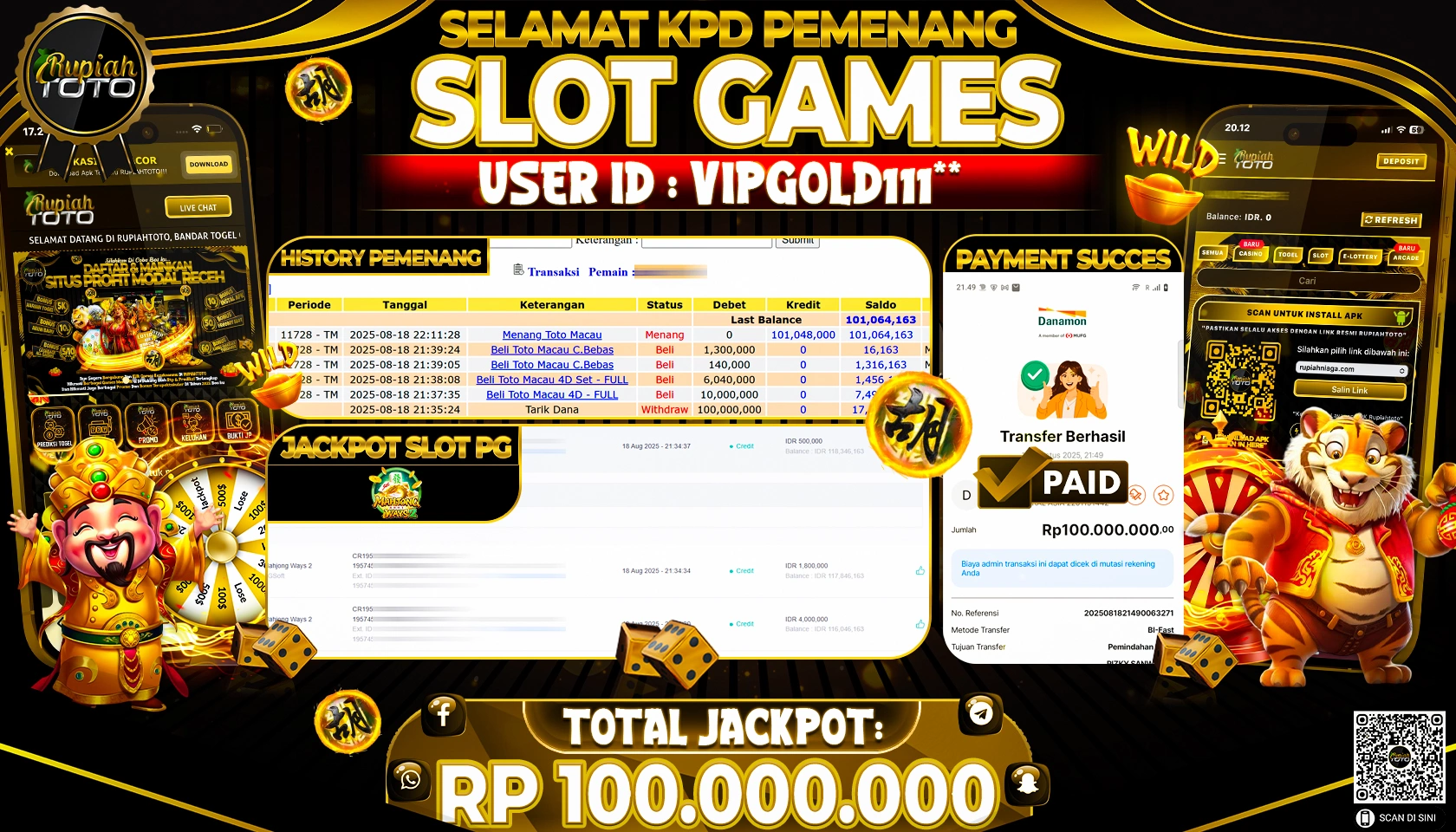 RUPIAHTOTO JACKPOT DI  SLOT PG -  MAHJONG WAYS 2 RP 1000,.000,000 JUTA RUPIAH LUNAS
