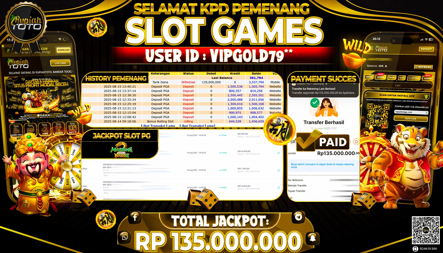 RUPIAHTOTO JACKPOT DI  SLOT PG -  MAHJONG WAYS 2 RP 135,.000,000 JUTA RUPIAH LUNAS