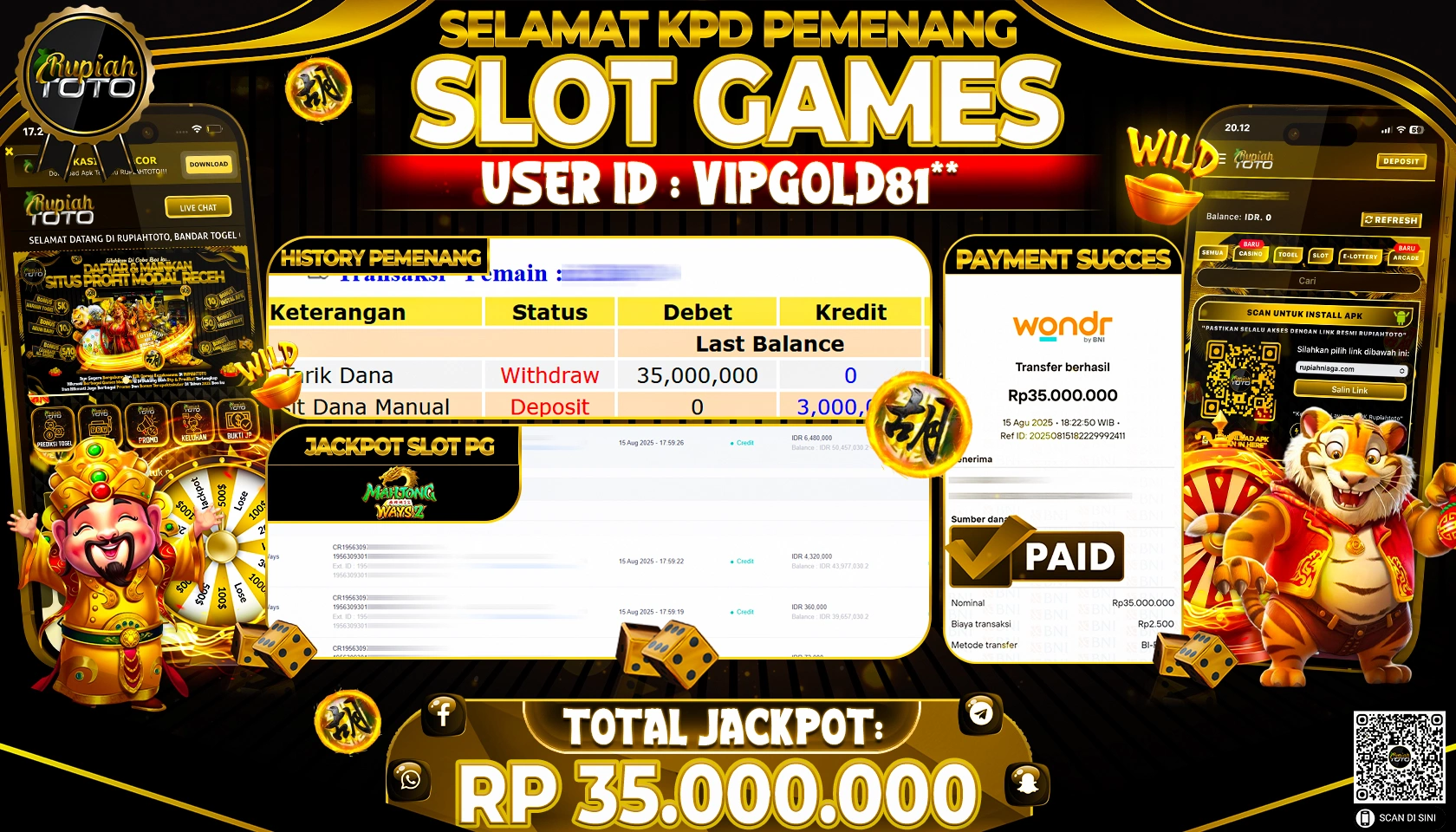 RUPIAHTOTO JACKPOT DI  SLOT PG -  MAHJONG WAYS 2 RP 35.000,000 JUTA RUPIAH LUNAS