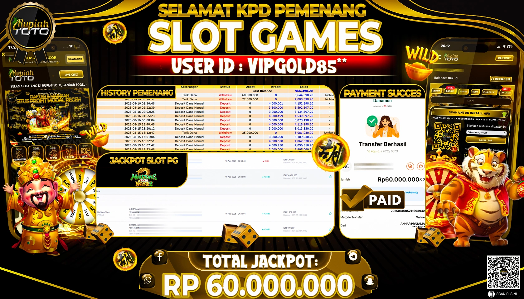 RUPIAHTOTO JACKPOT DI  SLOT PG -  MAHJONG WAYS 2 RP 60.000,000 JUTA RUPIAH LUNAS