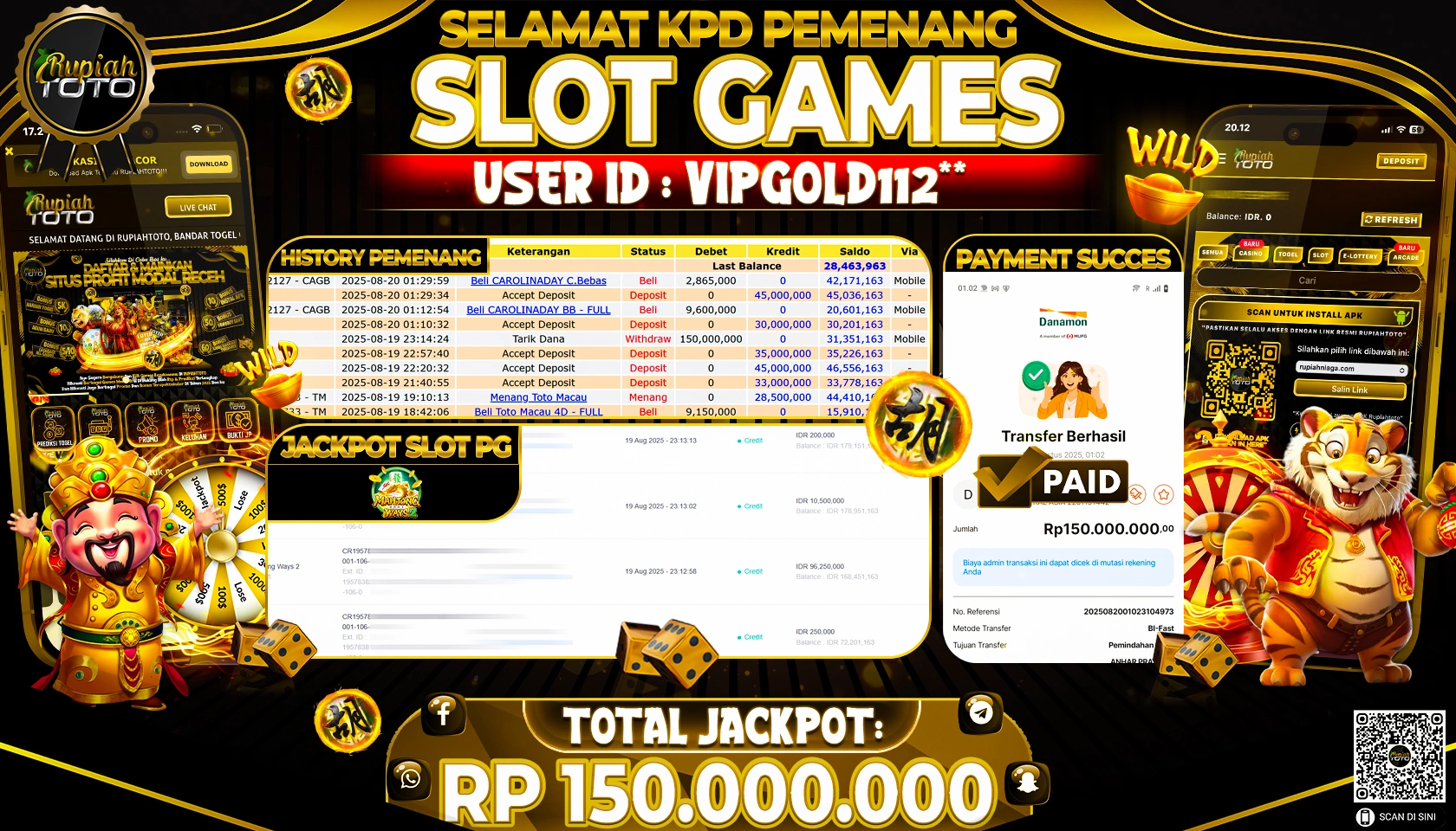 RUPIAHTOTO JACKPOT DI  SLOT PG -  MAHJONG WAYS 2 RP 150.000,000 JUTA RUPIAH LUNAS
