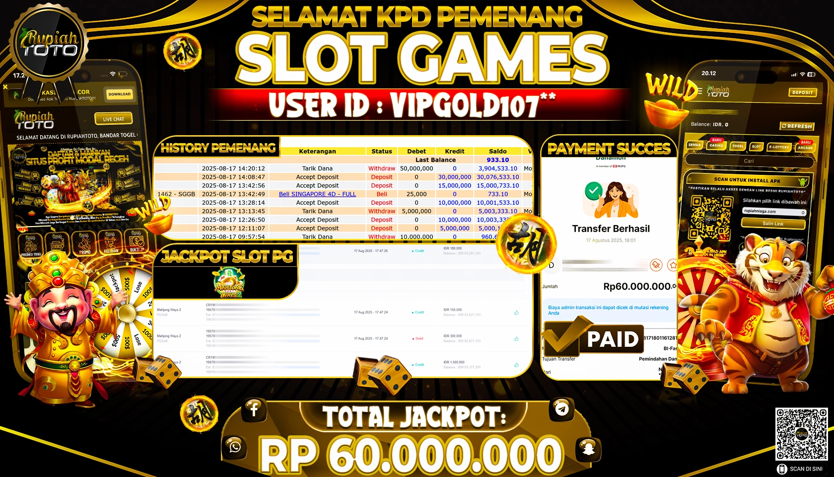 RUPIAHTOTO JACKPOT DI  SLOT PG -  MAHJONG WAYS 2 RP 60.000.000 JUTA RUPIAH LUNAS