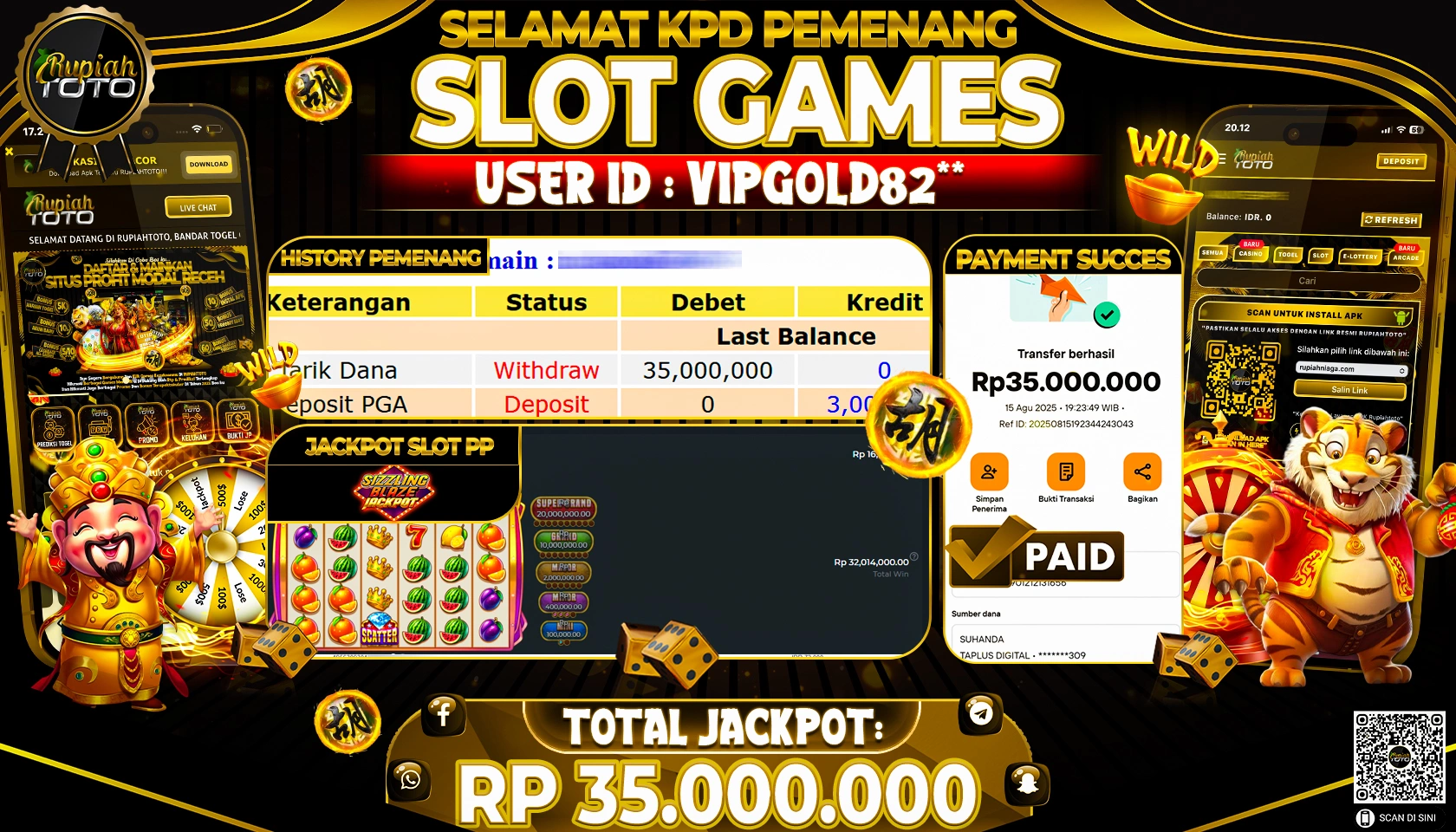 RUPIAHTOTO JACKPOT DI  SLOT PP -  SIZZLING BLAZE JACKPOT RP 35.000.000 JUTA RUPIAH LUNAS