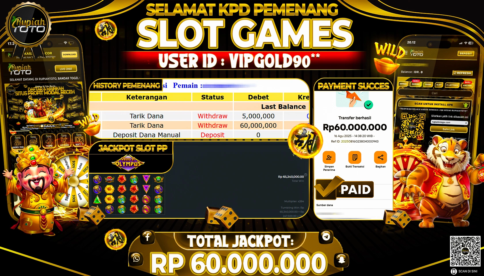RUPIAHTOTO JACKPOT DI  SLOT PP -  GATES OF OLYMPUS  RP 60.000.000 JUTA RUPIAH LUNAS