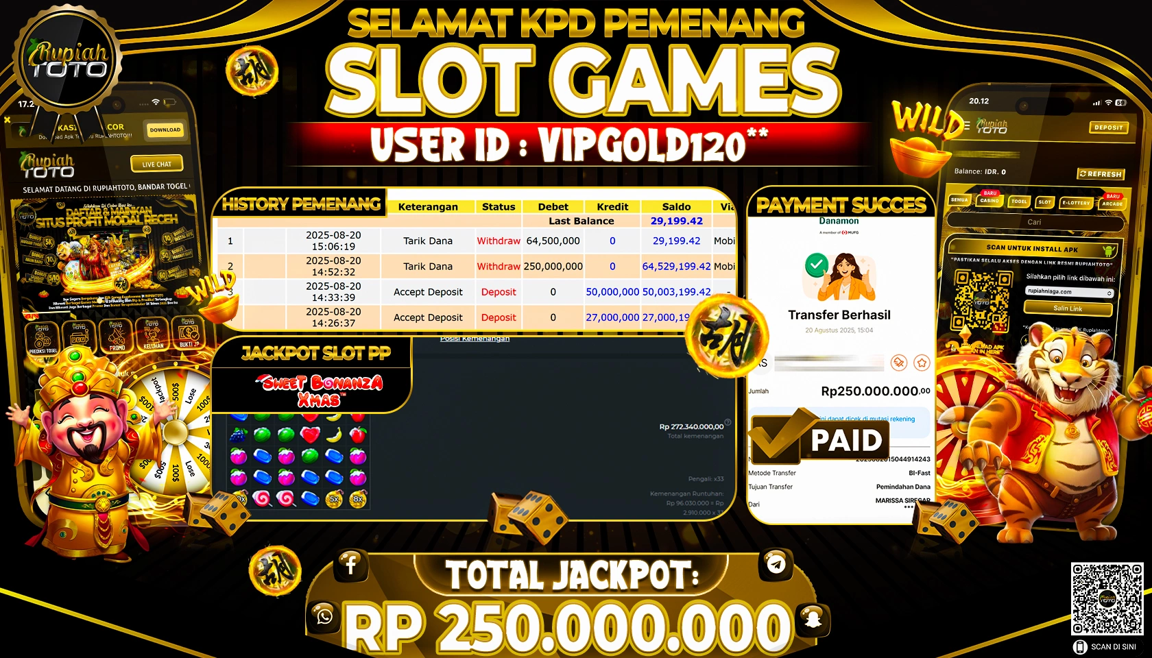 RUPIAHTOTO JACKPOT DI  SLOT PP -  SWEET BONANZA XMAS  RP 250.000.000 JUTA RUPIAH LUNAS